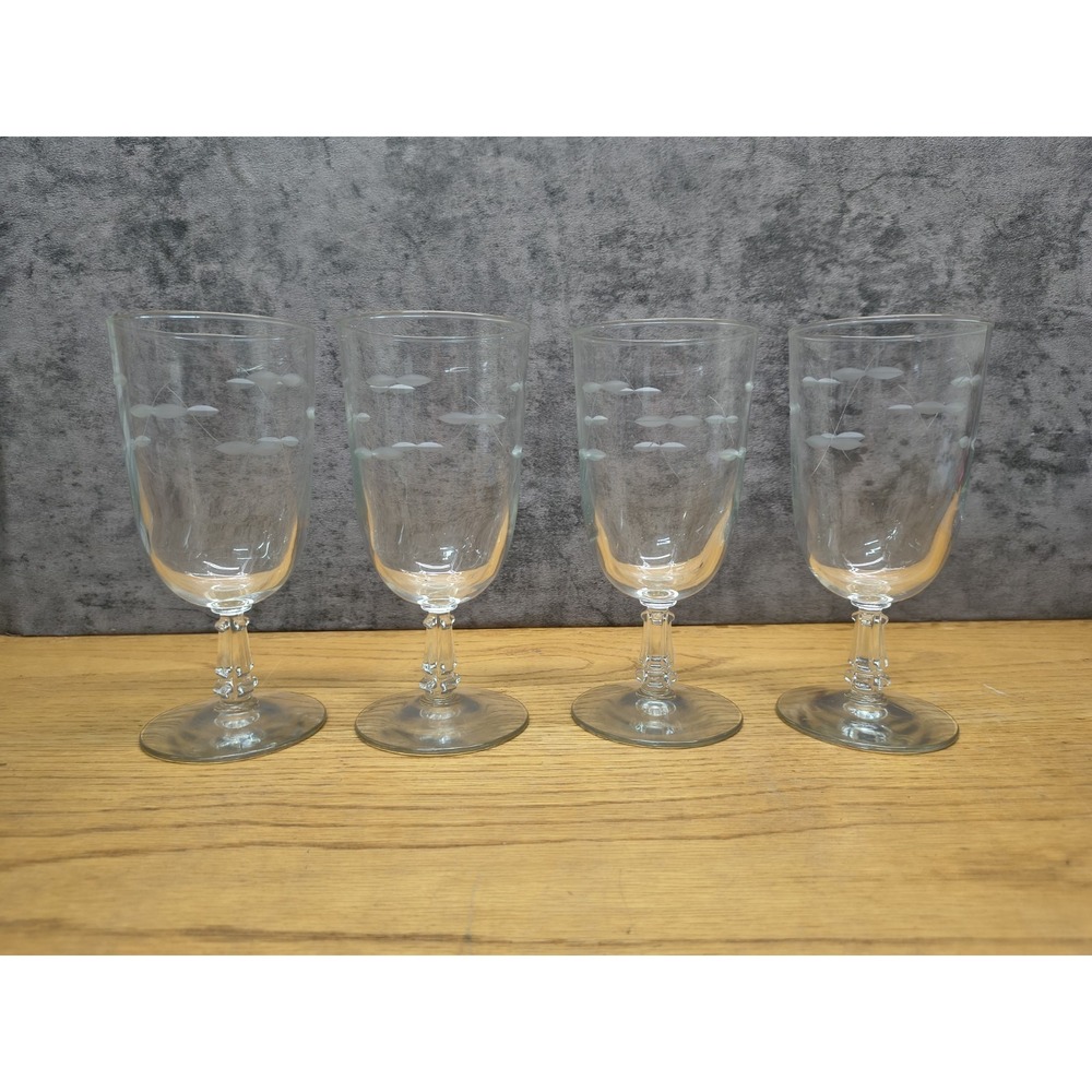 Set of 4 Vintage Glasses Cut Etched Leaf Water Iced Tea Tumbler Goblet